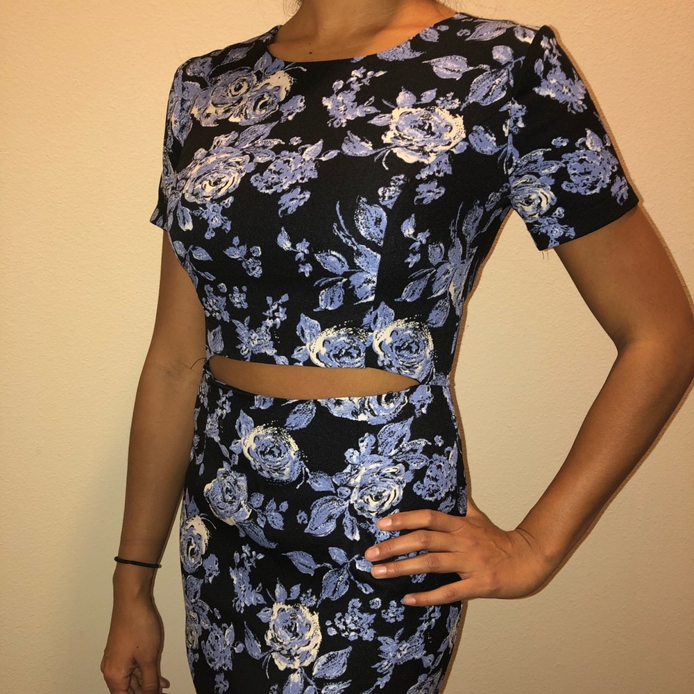 Black and blue floral dress with slit